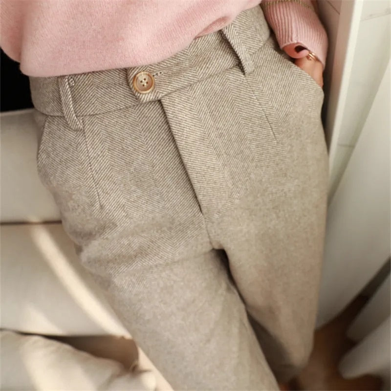 Women Stylish White Woolen Trousers/Pants